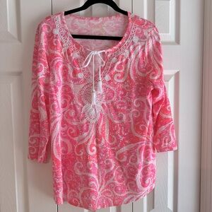EUC Lilly Pulitzer size LARGE Holly Top Pink Pout Embroidered Tassel Tie tunic